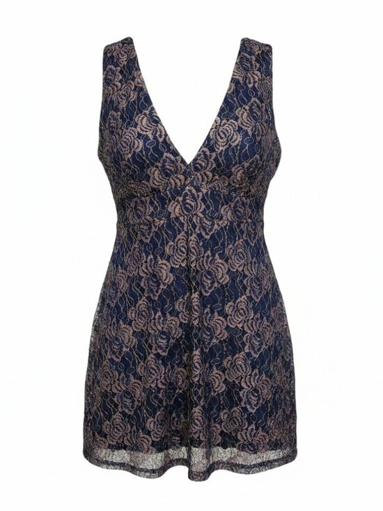 Lulus Dresses & Skirts - Lulus Tawny Navy Gold Metallic Lace Skater Cocktail Dress XL